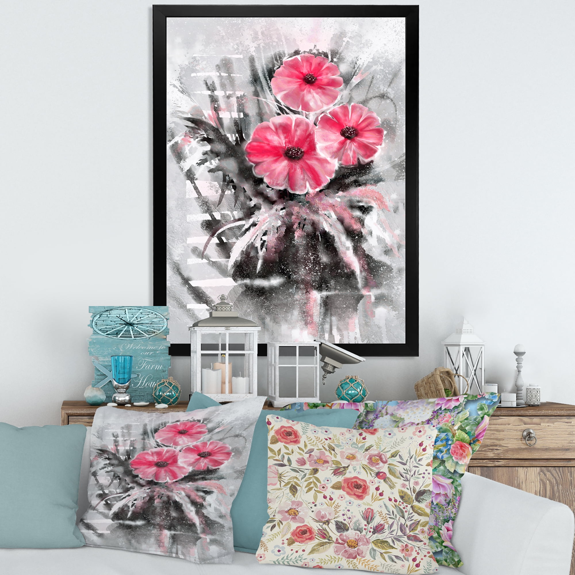 Designart 'Abstract Red Flowers On Gray Background' Traditional Framed Art Print