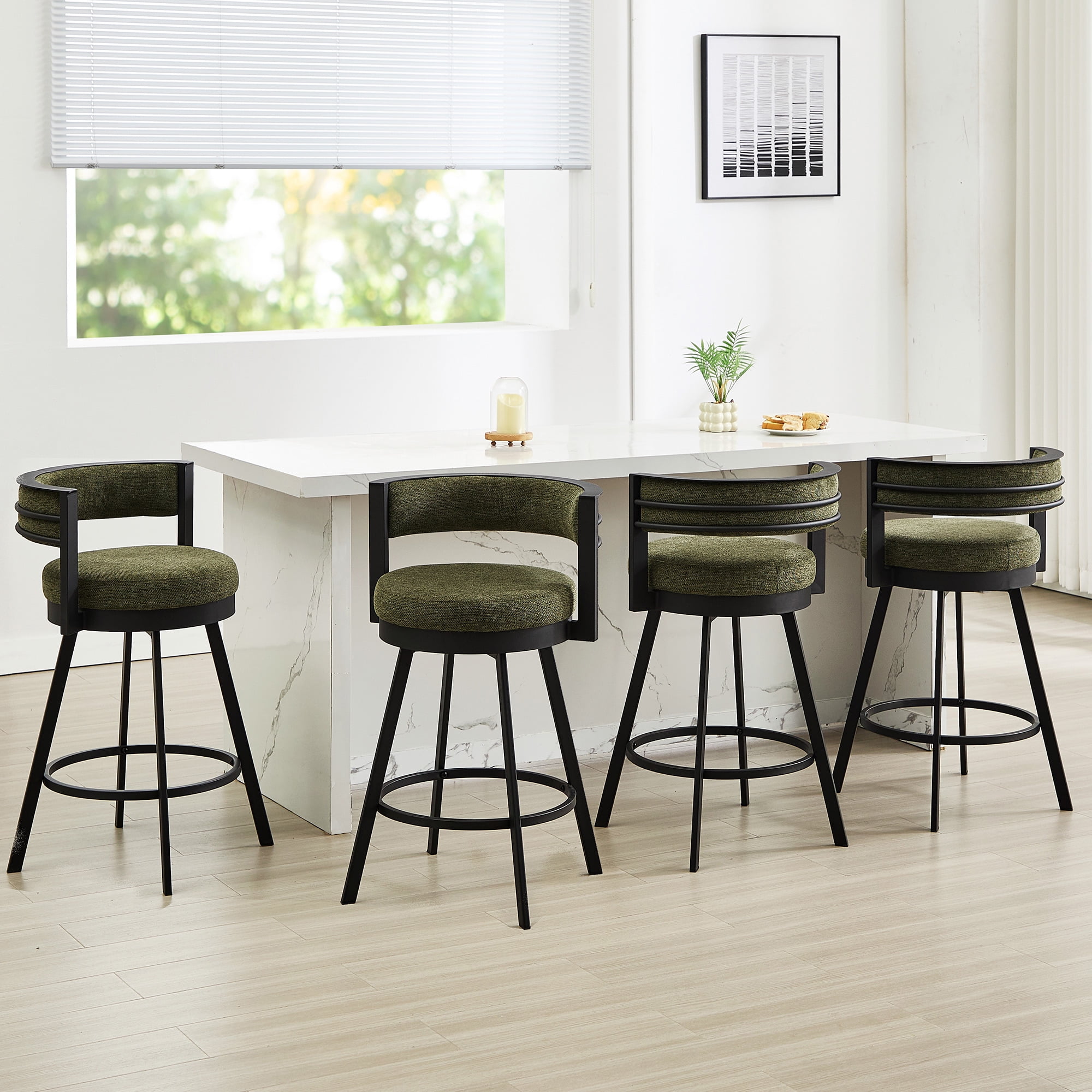 Zesthouse 26.6″ Swivel Bar Stools Set of 2, Linen Upholstered Counter Stools with Barrel Back and Metal Legs, Modern Counter Height Barstools for Kitchen Island, Green