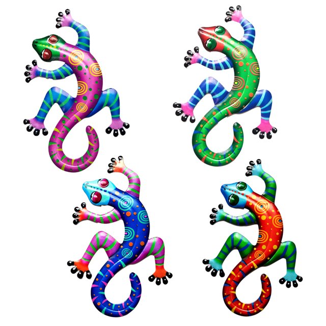 4 paquetes de decoraciones de pared de metal gecko, arte de pared 3D inspirado en lagartos, coloridas decoraciones de esculturas colgantes para jardines, cercas, césped, granjas