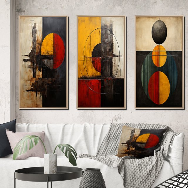 Designart "Belgian Conversations Geometric Abstraction I" Modern Geometric Framed Wall Art Set Of 3 - Gold Abstract Geometric Frame Canvas Set For Living Room Decor