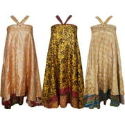 Mogul Womens Recycled Silk Sari Magic Reversible Wrap Around Long Skirt Wholesale Lot of 3 Pieces