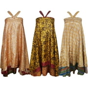 Mogul Womens Recycled Silk Sari Magic Reversible Wrap Around Long Skirt Wholesale Lot of 3 Pieces