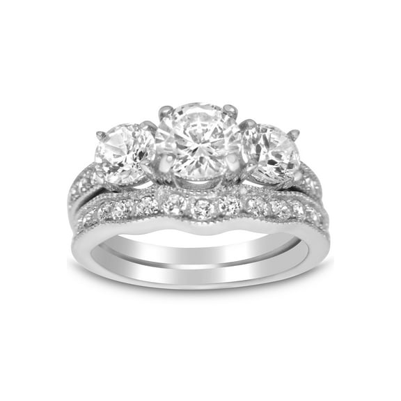 Vintage Sterling Silver CZ Bridal Wedding Engagement Ring Set Size 9