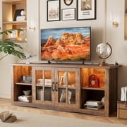Vineego TV Stand with LED Lights and Power Outlet,65 inch Farmhouse Wood Entertainment Center with Glass Door Storage Cabinet for Living Room,Carlo Oak