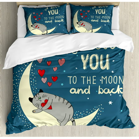 I Love You Duvet Cover Set, Sleepy Cat Holding Hearts over the Moon at Night Sky, Decorative Bedding Set with Pillow Shams, Slate Blue Warm Taupe Pale Yellow, by