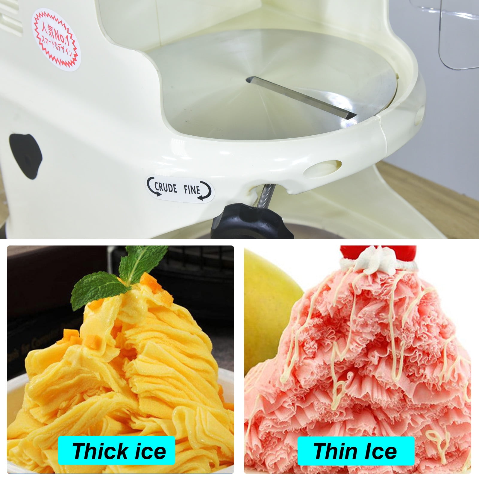 Kolice Commercial Ice Shaver Machine, Snowflake Ice Shaver, Ice Cone Maker-Output: 150kgs/H, Adjustment Knob for Ice Thickness, 2 Stainless Steel Blade, 2 Buckets Included