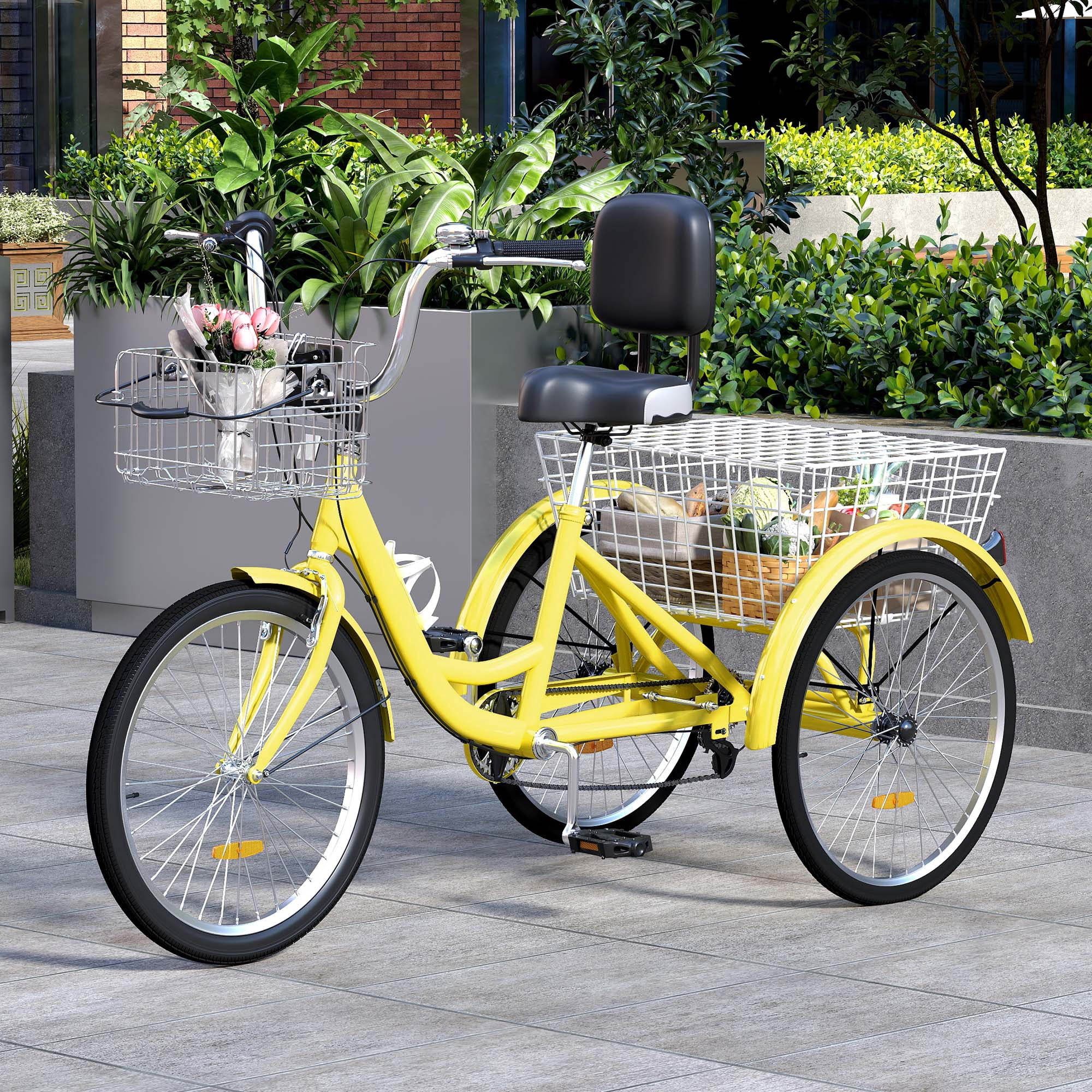 Uforic Adult Tricycle, 26 Inch 7 Speed Three Wheel Bike, Cruiser Trike with Large Seat Backrest for Men Senior Women, Yellow