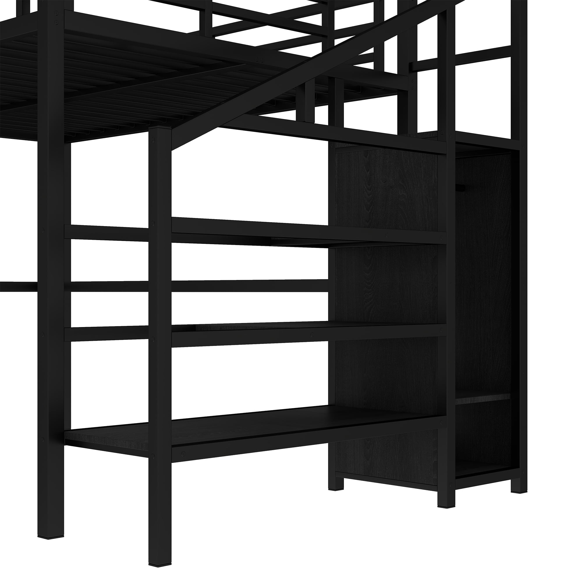 Aukfa Queen Size Loft Bed with L-Shaped Gaming Desk, Wardrobe, USB Ports & RGB Lights, Metal Loft Bed for Kids, Teens & Adults, Black