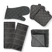 Kitchen Towels Set 2 Dish Towels, 2 Dish Cloth Scrubbers, 2 Potholders & 1 Oven Mitt (7, Black Linen) for Home