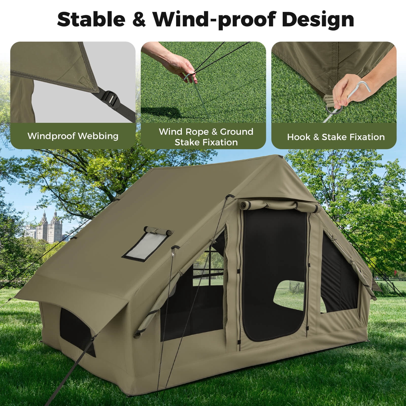 Costway 4-6 People Inflatable Tent with 4 Mesh Screen Windows 2 Doors Skylight Carrying Bag Green