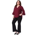 thumbnail image 3 of DARING DIVA Women's Plus 3/4 Bell Sleeve Notch Chiffon Tunic Shirts 3X Burgundy, 3 of 6