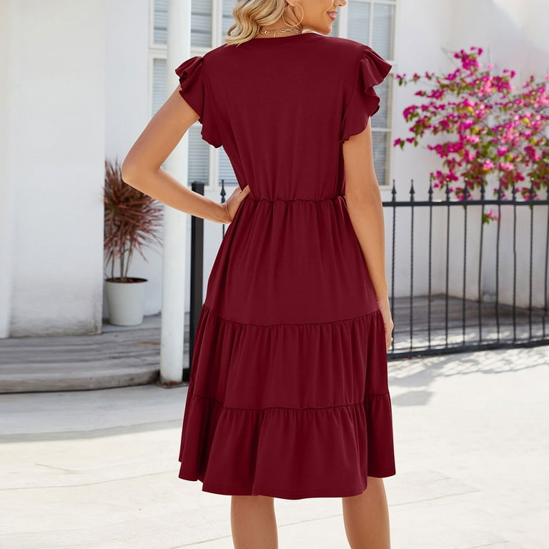 Party Dresses For Women, Casual V Neck Flutter Sleeve Knee Length A Line  Dress Mens Dress Boots Mother Of Bride Dresses Women Flowy The Groom Dresses  Wedding Dresses (XL, Wine) ZMTing -