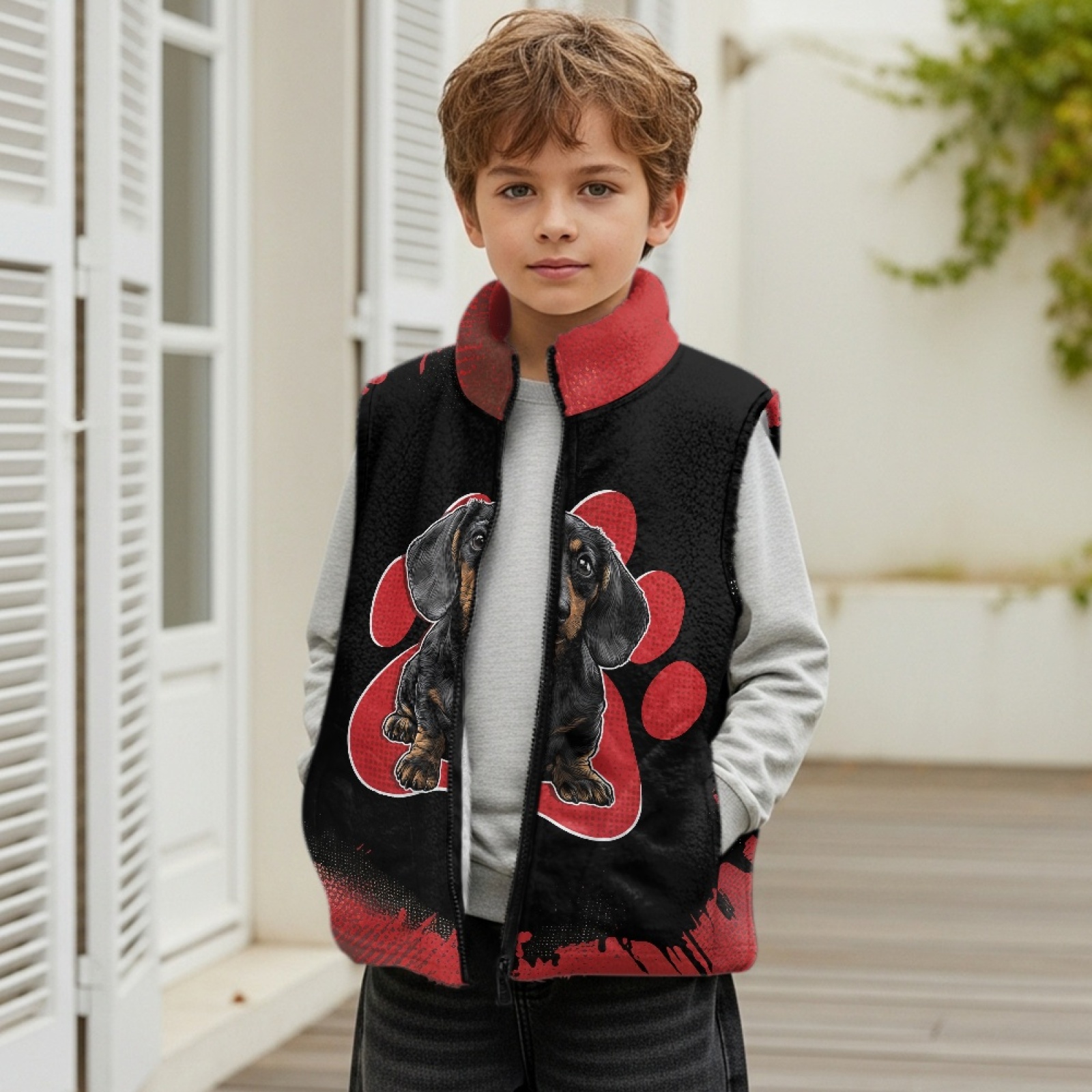 Xoenoiee Dachshund Paw Print Vest Zip Up Jacket Sleeveless Stand Collar with Pockets Toddler Boys Fleece Vest Fall Winter Warm Outerwear, Size 11-12 Years