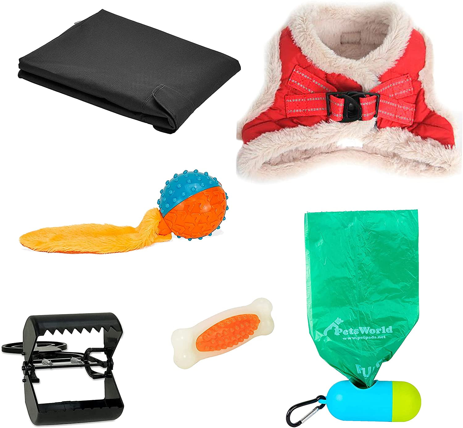 PETSWORLD Dog Starter Kit, Warm Red Harness for Large Dogs, Shock Collar, Tie Out Stake 250 lb, Dog Ball Toy, Bacon Toy, Pooper Scooper + Dog Waste Bags 1000 Ct