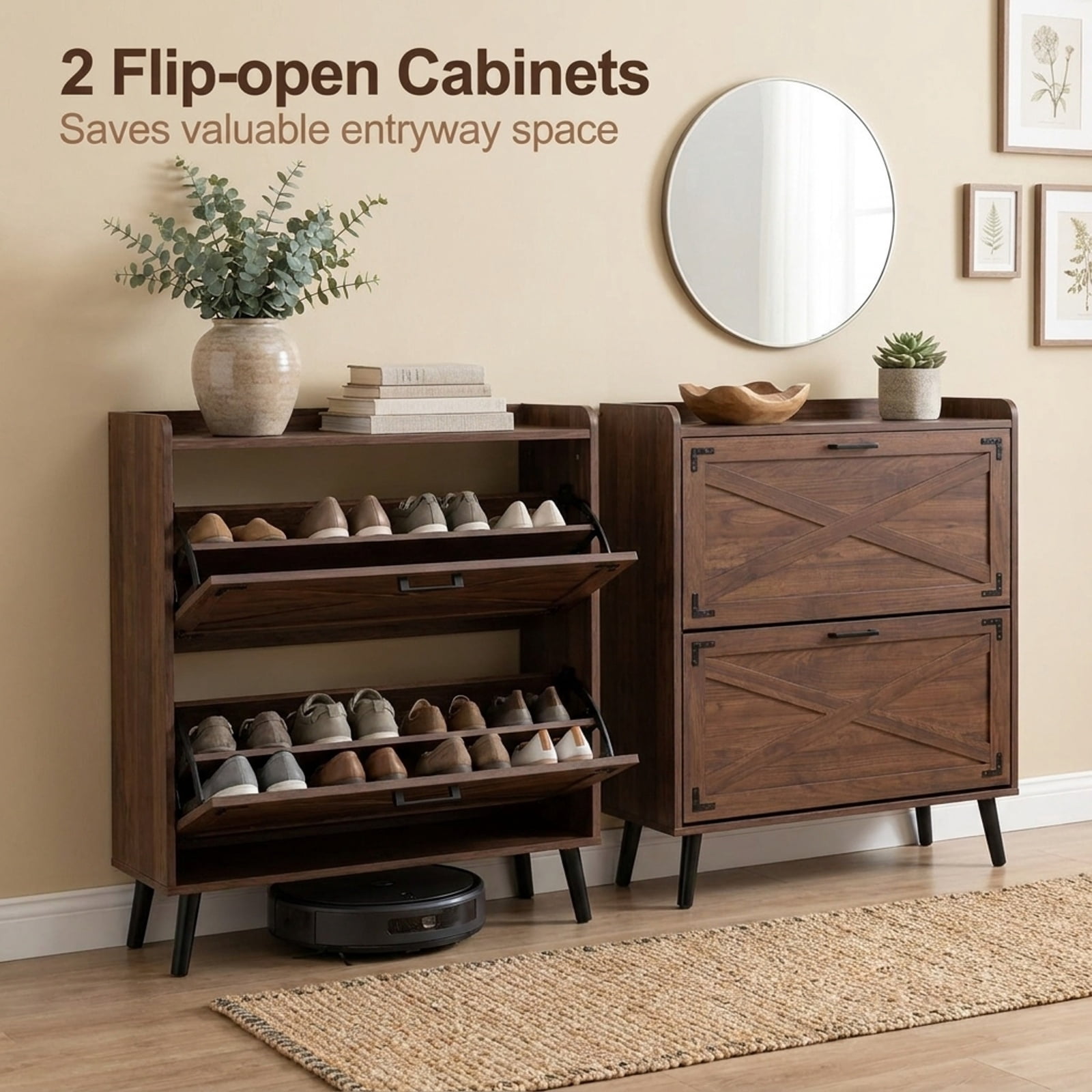 Furnibear Narrow Shoe Cabinet with 2 Flip Drawers Adjustable Removable Shelves and Barn Door Accents for Entryway and Hallway, Brown