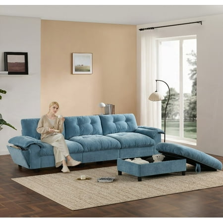 Modern L-Shape Sectional Sofa with Multifunctional Armrest in Chenille, 104*60", for Living Room
