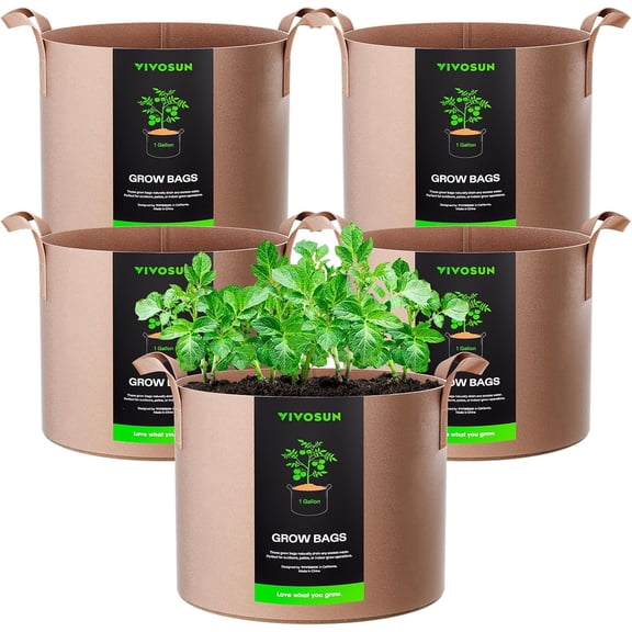 VIVOSUN 5-Pack 1 Gallon Brown Grow Bag, Fabric Pot with Handles for Vegtables and Plants