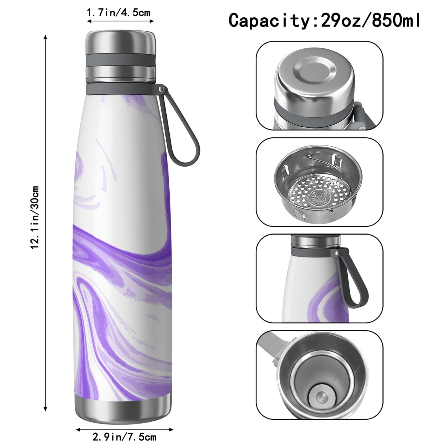 29oz Insulated Water Bottle with Tea Infuser, Stainless Steel Travel Mug, Liquid & Marble Print