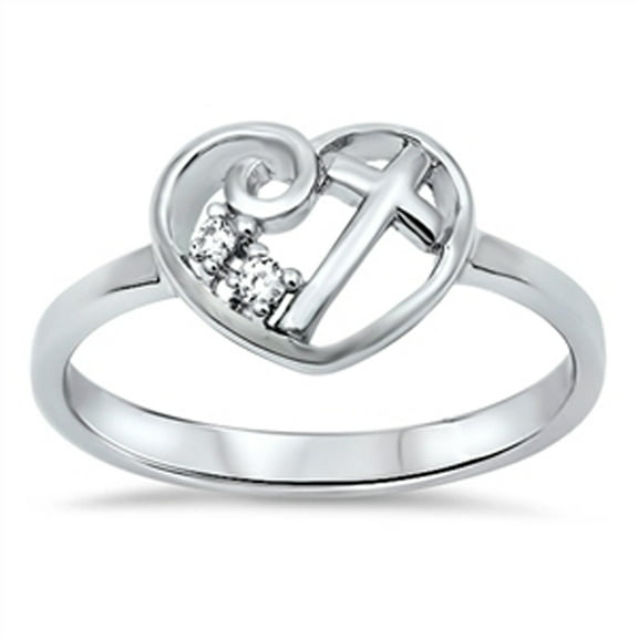 CHOOSE YOUR COLOR Heart Cross Love Christ White CZ Ring .925 Sterling Silver Band Female Size 6