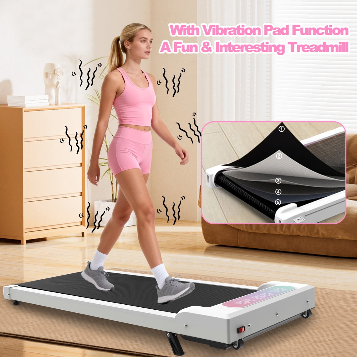 LuckyNote Foldable Treadmill with Handle & Incline, 2 in 1 Under Desk Walking Pad & Vibration Pad, 300Lbs Capacity, for Home Office, White