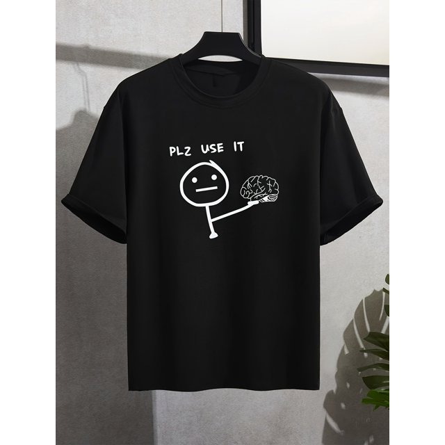 Men'S Casual "PLZ USE IT" Graphic Tee - Lightweight, Short Sleeve, Round Neck, All-Season Top with Playful Brain Design, Everyday Tshirt | Humorous Tshirt | Comfortable Fit, PLUS SIZE