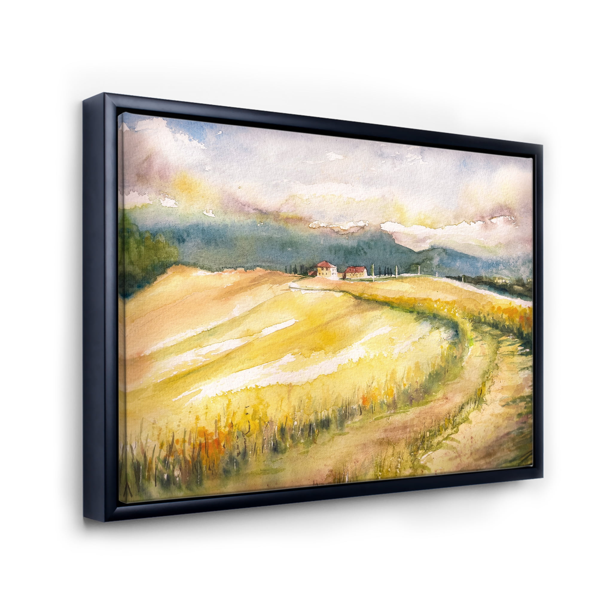 Designart 'Golden Grass Fields of Tuscany Italy' Country Framed Canvas Wall Art Print