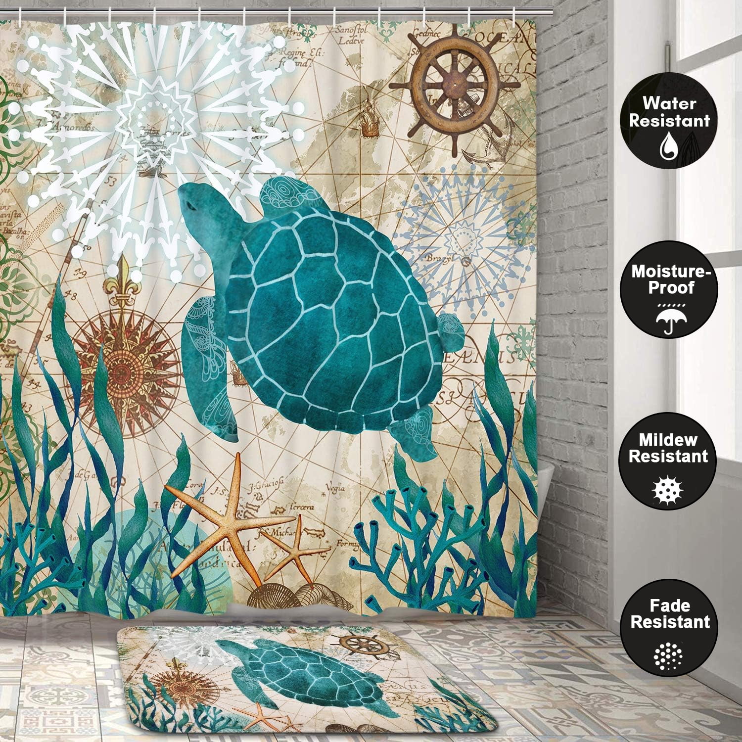 FRAMICS Blue Sea Turtle Shower Curtain Sets with Rugs, 16 Pc Nautical Ocean Bathroom Sets, Waterproof Fabric Bathroom Curtain Decor with Hooks