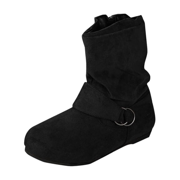 Black Feminine Ankle Boots With Round Toe Side Zipper And Flat Heel For Winter Season Practical And Stylish