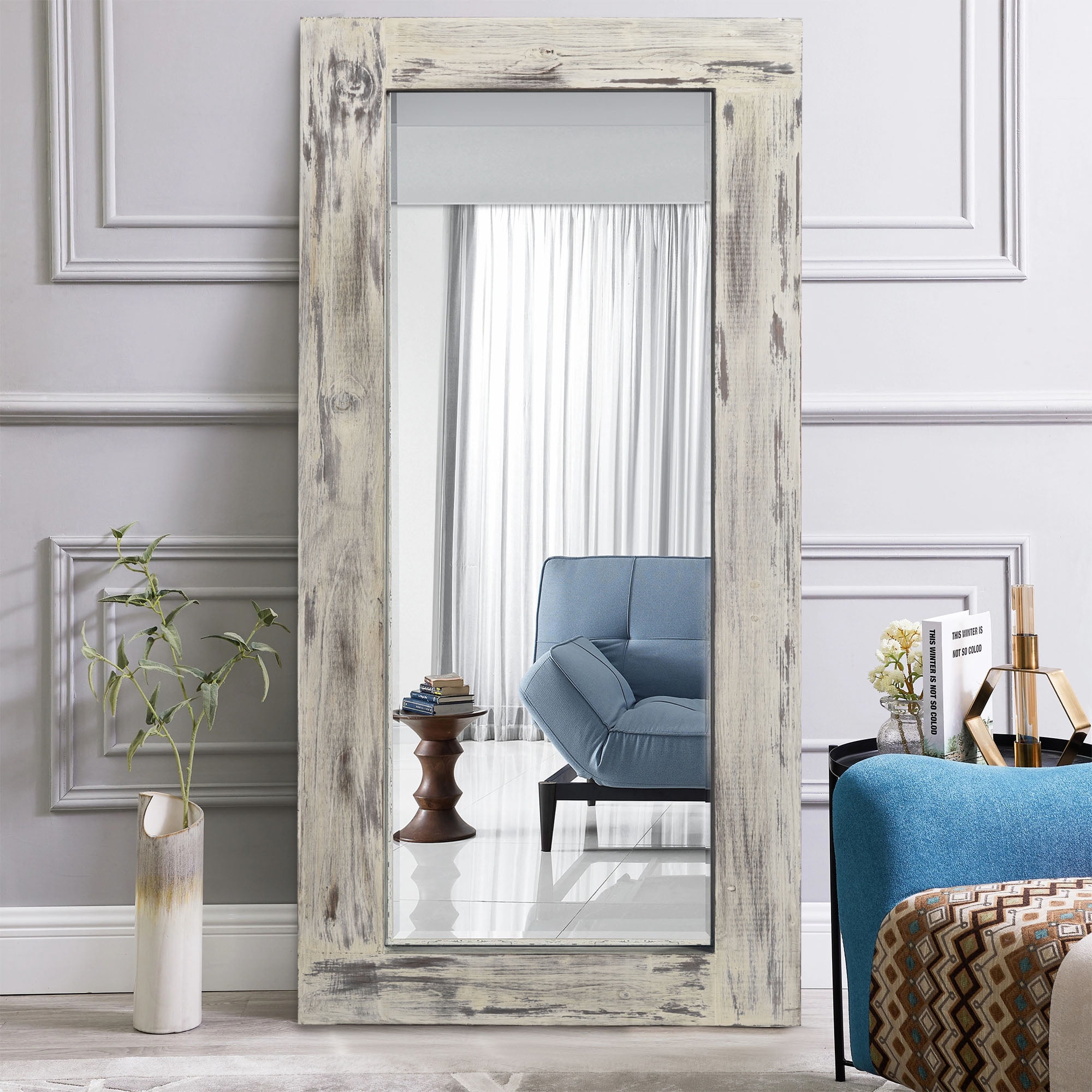71"x32" Modern Rectangle Wood Full Length Mirror Floor Mirror without Bracket,Weathered White
