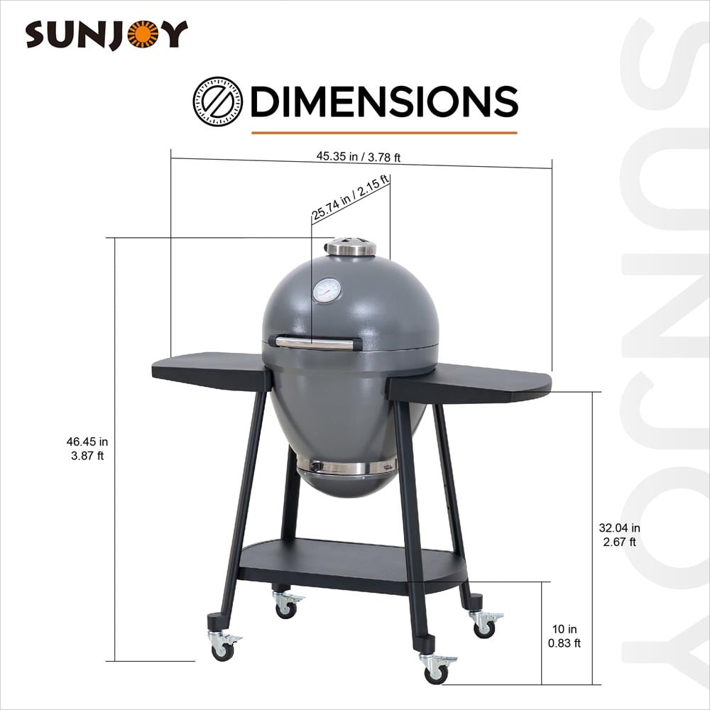 Sunjoy Group Egg-Shaped Charcoal Grill Ceramic Stainless Steel 20 Inch Kamado BBQ Smoker with Pizza Stone 46.22" x 25.75" x 46.46"