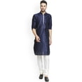 thumbnail image 1 of eloria Men's Traditional Silk Blend Solid Navy Blue Kurta With White Churidar Pyjama, 1 of 6