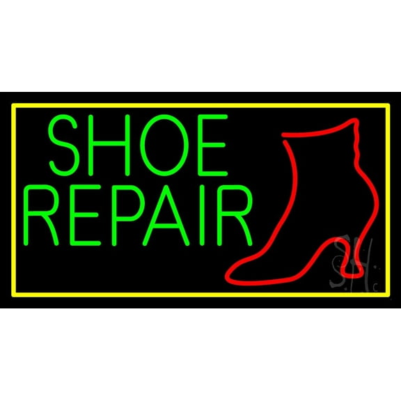 Shoe Repair Yellow Border LED Neon Sign 20 x 37 - inches, Black Square Cut Acrylic Backing, with Dimmer - Bright and Premium built indoor LED Neon Sign for store interior Décor, Storefront.