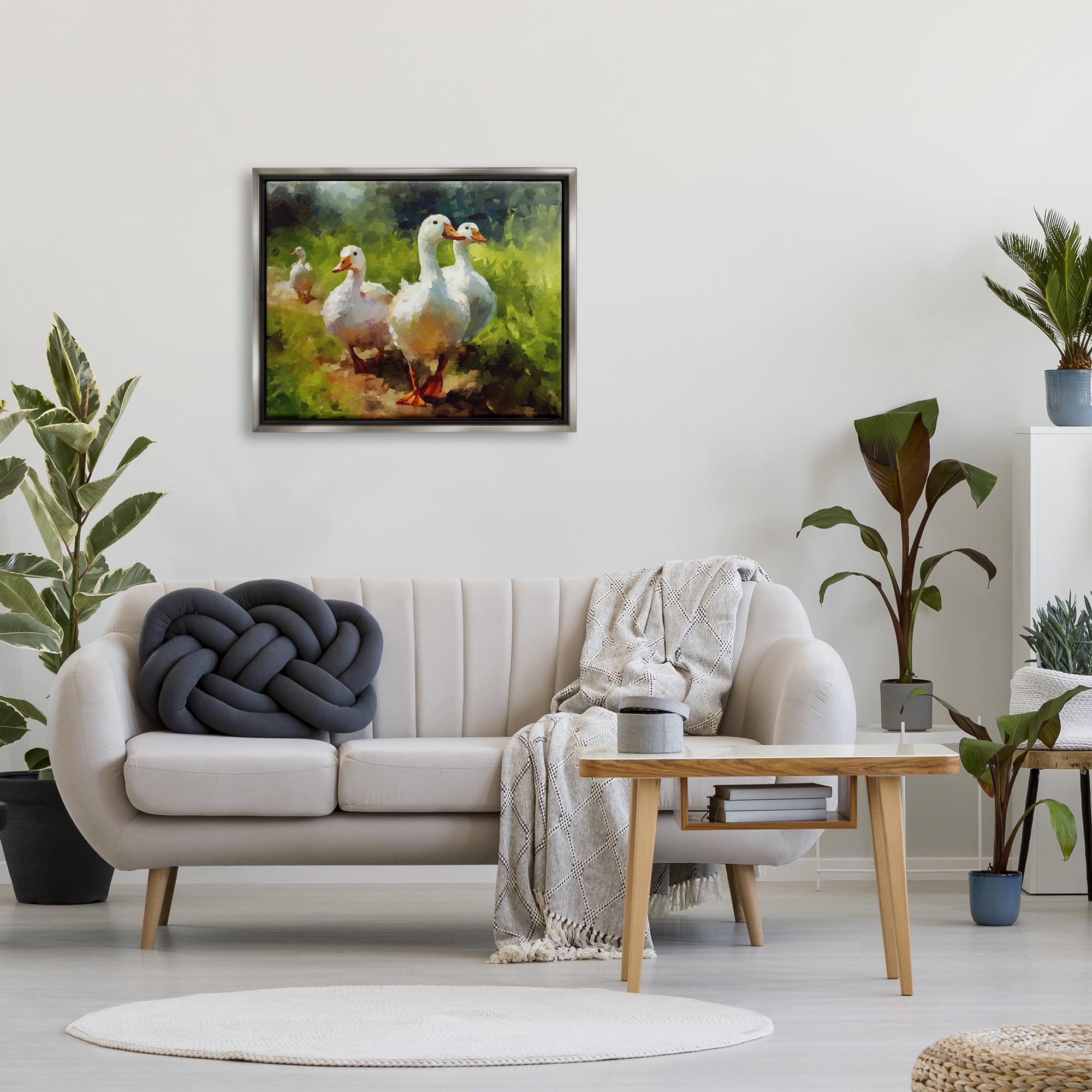 Stupell Industries Duck Family in Nature Animals & Insects Painting Gray Floater Framed Canvas Art Print Wall Art, 31 x 25
