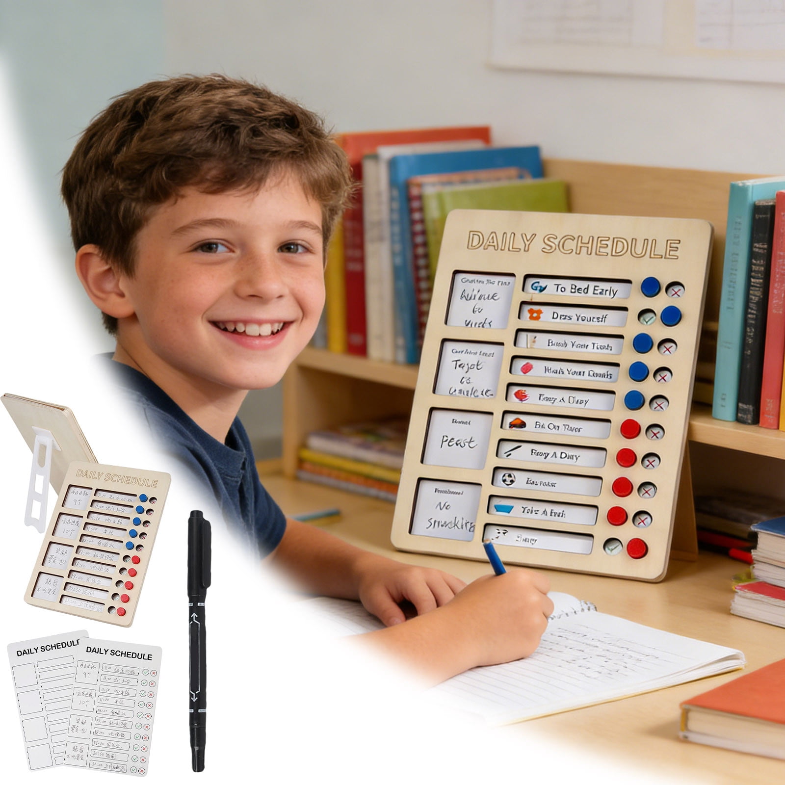 Reusable Chore Chart Board, Double-Sided Dry Erase Wooden Routine Task Organizer for Home, Classroom, Dorm, RV, Vertical Slider Design with Dry Erase Marker