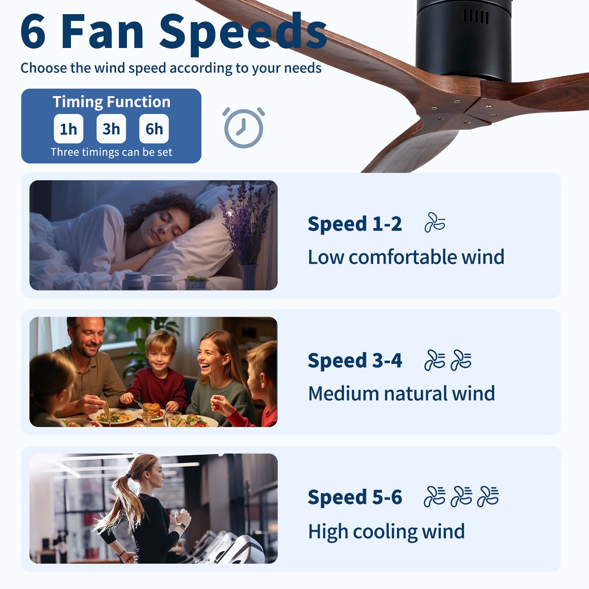 Leumius 52" Indoor Farmhouse Rustic Ceiling Fan Matte Black with 3 Solid Wood Blade Remote Control Reversible DC Motor for Living Room Bedroom