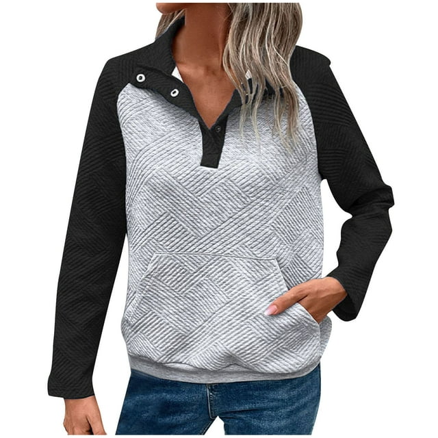 Annhoo Chandails en Molleton d'Automne pour Femmes Manches Longues Amples Demi-Bouton Hauts à Col Rabattu Pull à Blocs de Couleur Tendance