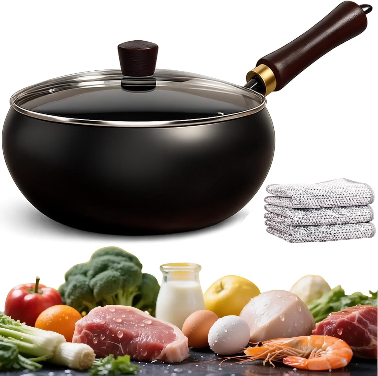 Japanese Cast Iron Wok Pan - Uncoated Healthy Cooking Pot with Lid, Hand Hammered Non Stick Frying Pans Made in Japan (Hand-Hammered + Wood Lid,11'')