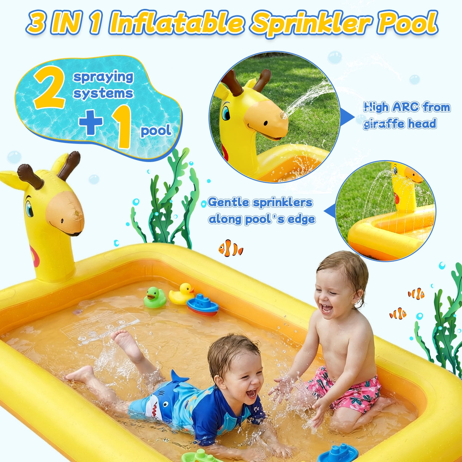 Teblint Giraffe Inflatable Pool, 78.74"x 43.3" x 5.9" Sprinkler Swimming Pool, Spray Kiddie Pool, Play Center Water Toys for Backyard Lawn, Above Ground, Outdoor