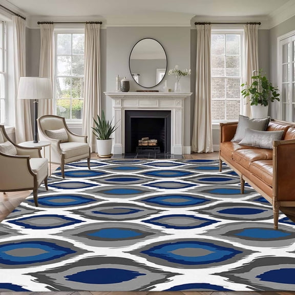 Abstract Art 5x7 Rug for Living Room Sofa and Coffee Table Layout, Modern Diamond Patterns Blue White Grey Geometric Washable Non Slip Rectangle Area Rug