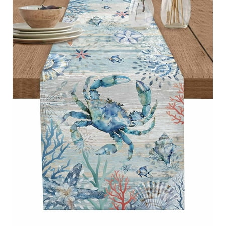 

Coastal Crab Table Runner Nautical Beach Ocean Conch Coral Starfish Tablerunners 13 x 48 Inch Table Decorations Tabletop Scarf for Summer Gathering Holiday Farmhouse Kitchen Dining Decor