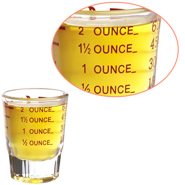 Mini Measure Shot Glass: English + Metric Measurements Clear w/Red  Lettering