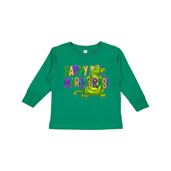 Inktastic Happy Mardi Gras Cute Alligator with Beads Boys or Girls Long Sleeve Toddler T-Shirt