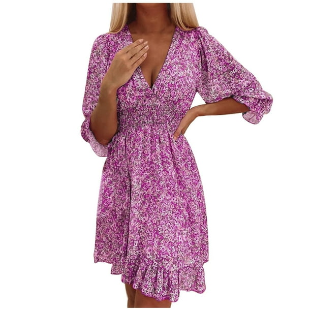 Vestidos Para Mujer Vestidos Casuales Moda Otoño Con Cuello en V Froral Print 3 4 Mini Vestido de Manga Odeerbi ODB172892