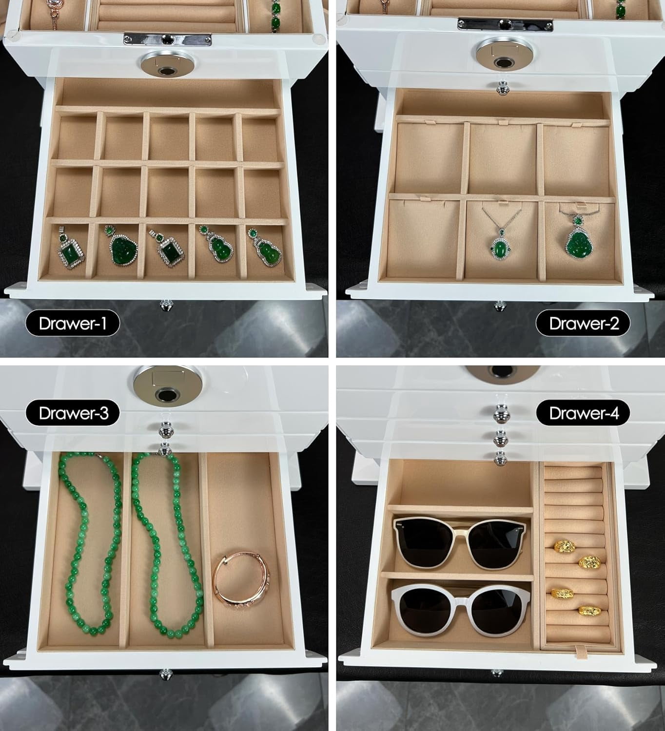 Smart Jewelry Box with Fingerprint Lock, 3-Layer Large Wood Jewelry Organizer for Women, Rosewood Piano Finish Storage Chest with Drawers