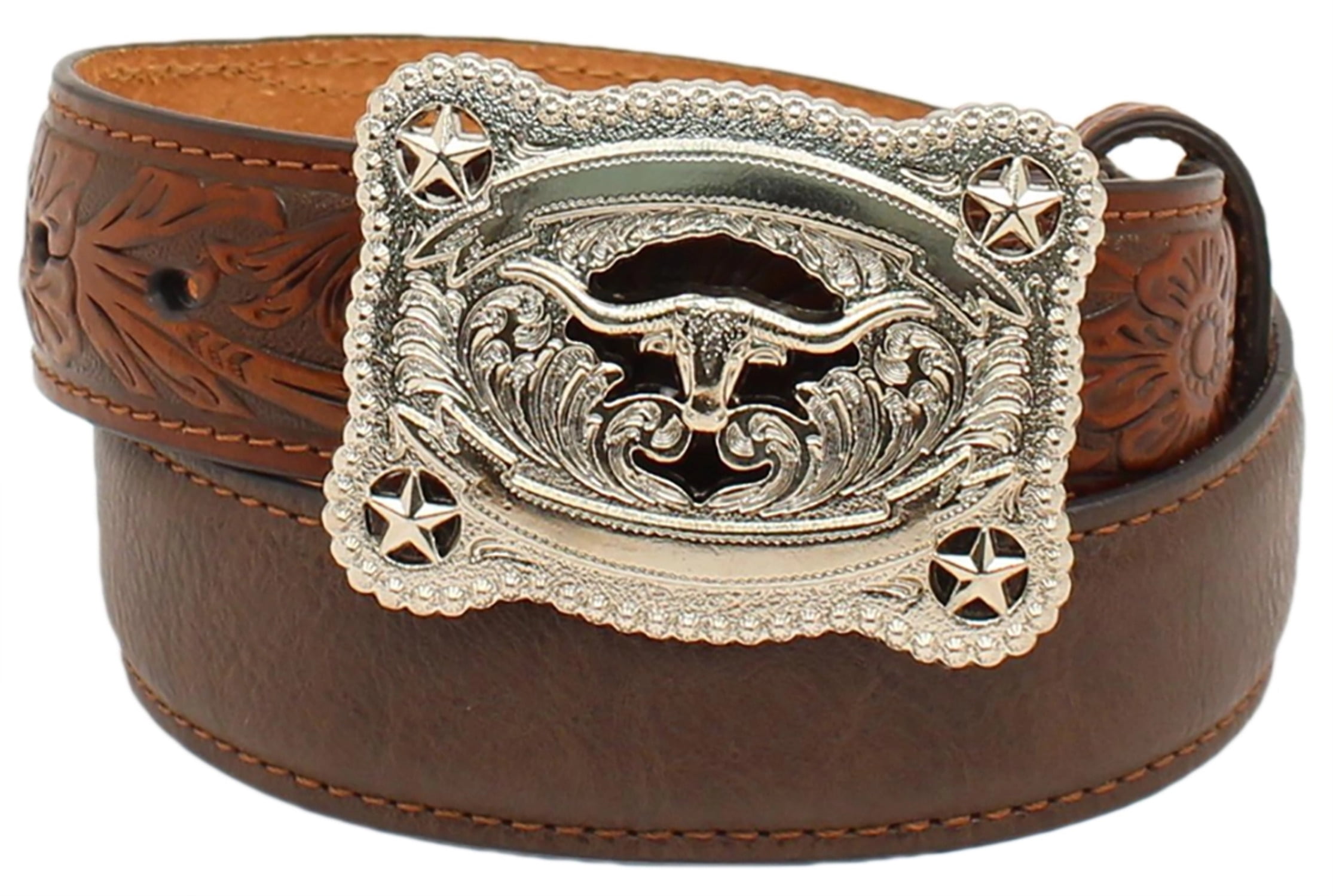 Nocona N442860224 Boys Tooled Leather Longhorn Belt, Brown Size 24