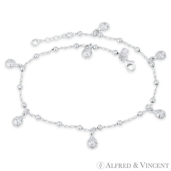 7x6mm Ladybug, 3mm Ball Bead, & 1.4mm Twist Cable Chain Italian Charm Anklet in .925 Sterling Silver