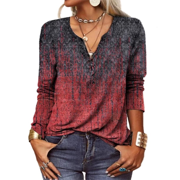 Tops Camisetas de cuello redondo y manga larga para mujer Blusas tipo túnica Blusa estampada Camisa elegante informal para mujer con tapeta de botones (multicolor, S-XXL)