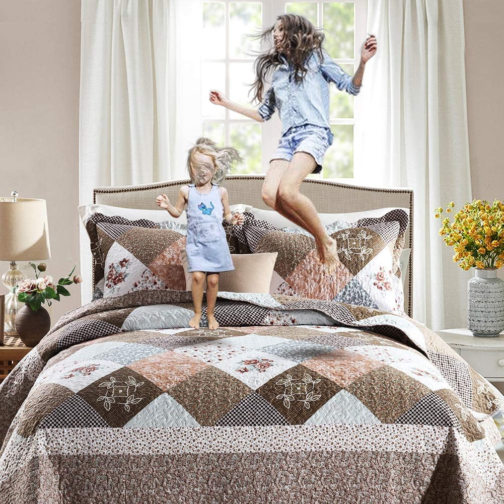 EWAYBY 3-Piece Coffee Floral Quilt Bedding Sets, Queen