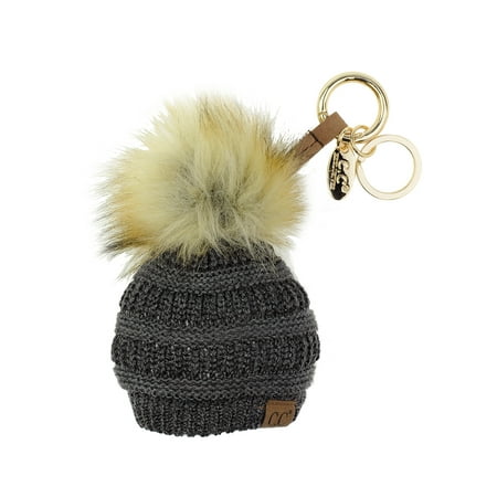 NYFASHION101® Pom Pom Beanie Key Chain Key Ring Handbag Tote Accessory - Metallic DK Melange