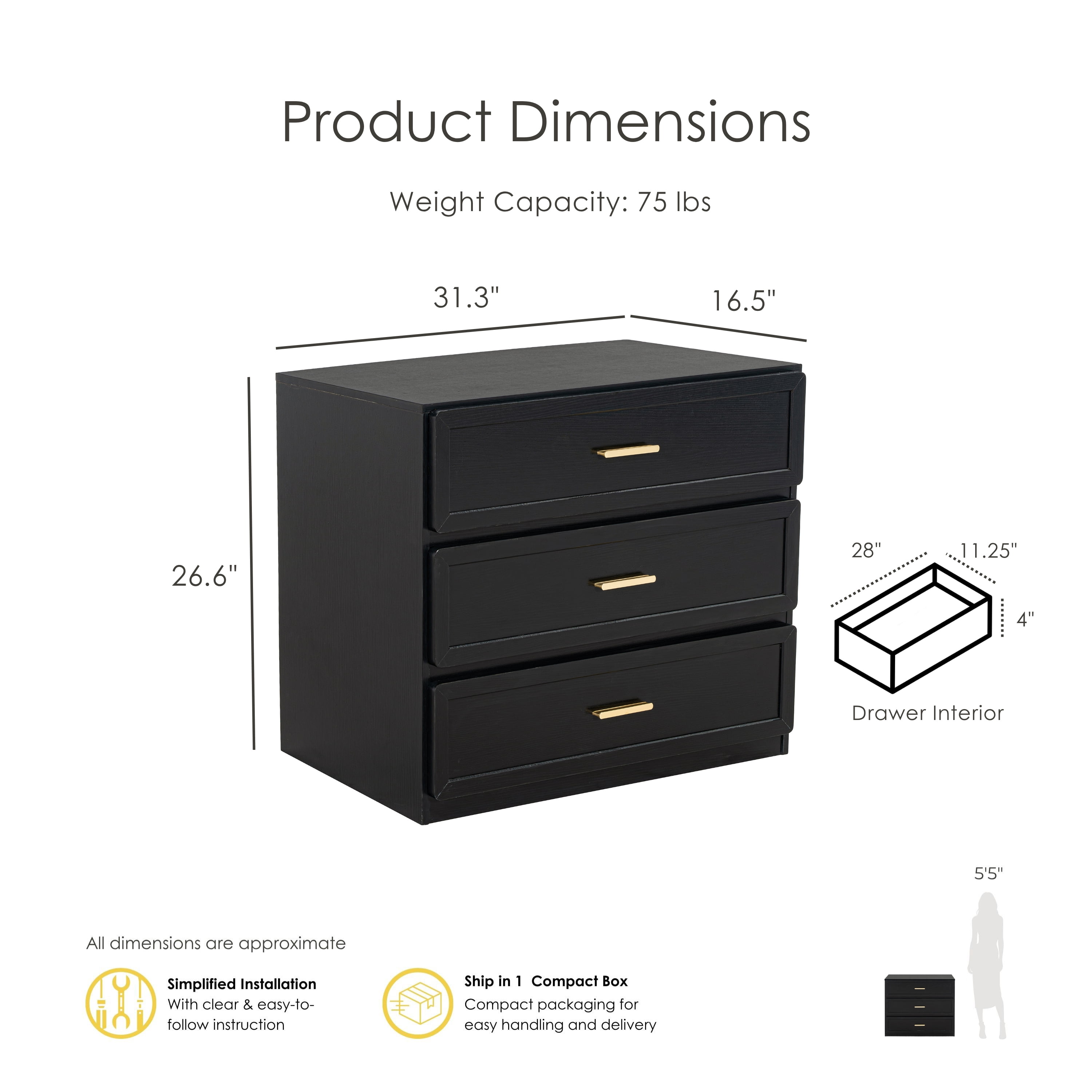 Furniture of America Rivor Modern Wood 3-Drawer Tall Nightstand, Black